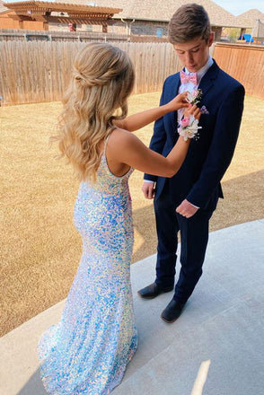 Sparkly Mermaid Sequined White V Neck Spaghetti Straps Backless Long Prom Dresses OM0170