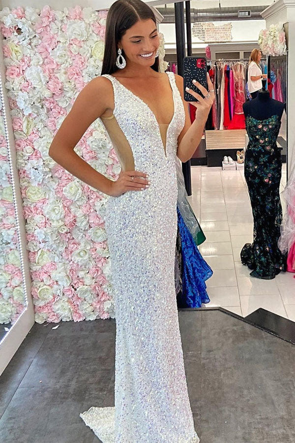 Sparkly White Sequins Mermaid V neck Prom Dresses, Shiny Formal Dresses trendtydresses Sparkly White Sequins Mermaid V neck Prom Dresses, Shiny Formal Dresses trendtydresses