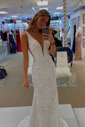 Mermaid Deep V Neck Open Back White Sequins Prom Dresses, Charming Prom Dresses OM0085