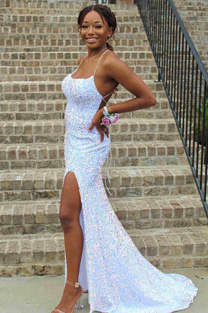 Sparkly White Sequins Mermaid Long Prom Dresses, Cross Back Party Dress with Slit OM0123