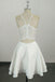 White Lace Spaghetti Straps Satin V Neck Homecoming Dresses, Sweet 16 Dresses OMH0064