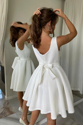 Simple A line Satin Straps Round Neck Short Prom Dresses, Mini Homecoming Dresses OMH0036