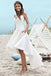 Unique White Spaghetti Straps V neck Satin High Low Beach Wedding Dress with Pockets OW0079