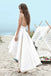 Unique White Spaghetti Straps V neck Satin High Low Beach Wedding Dress with Pockets OW0079