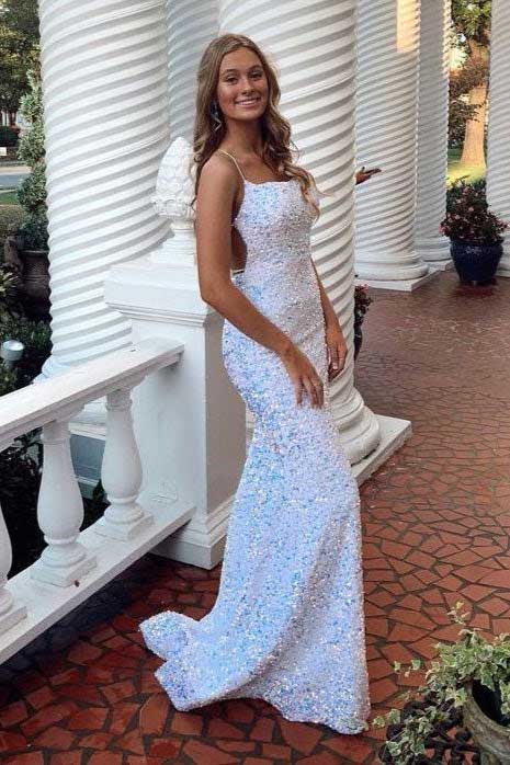 Shiny Spaghetti Straps Mermaid White Sequin Prom Dresses, Glitter Even –  trendtydresses