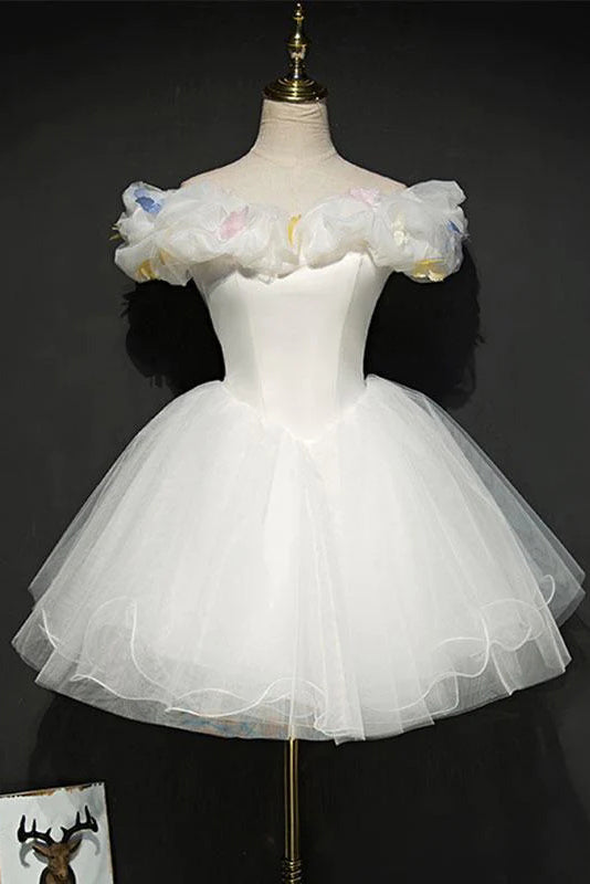 Cute A Line White Tulle Flowers Homecoming Dresses with Lace up, Graduation Dress OMH0127