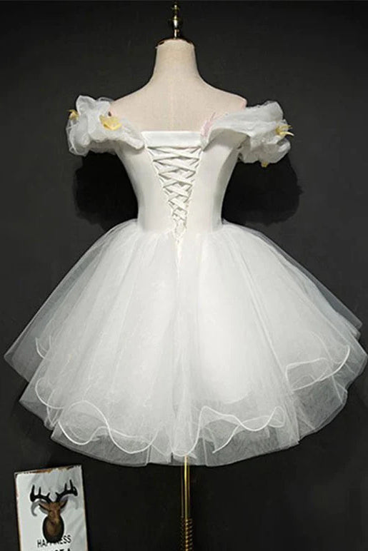 Cute A Line White Tulle Flowers Homecoming Dresses with Lace up, Graduation Dress OMH0127