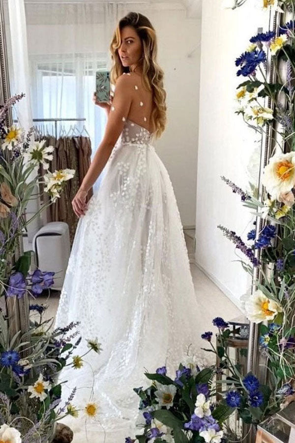 Stylish A line V neck White Tulle Lace Boho Wedding Dresses Straps Bridal Gowns OW0006