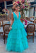 Elegant Deep V-neck A Line Tulle Prom Dress Tiered Long Evening Dresses OM0070