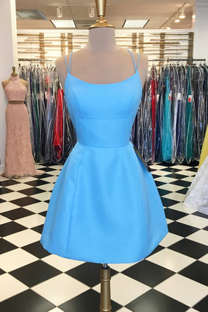 A line V Neck Pink Satin Spaghetti Straps Homecoming Dresses, Short Prom Dresses SK48