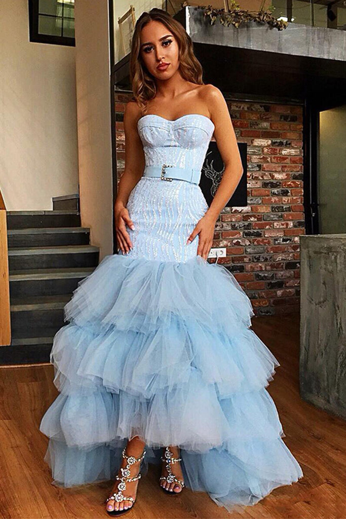Sky Blue Tulle Sweetheart Neck Long Layered Evening Dress Cheap Prom Dresses PDI47