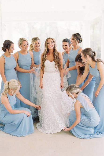 A-Line Round Neck Floor-Length Sky Blue Chiffon Bridesmaid Dress PDR90