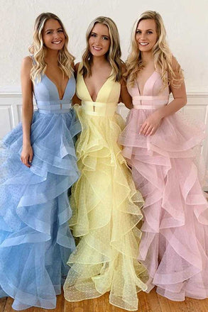 Unique A line Yellow Multi-layered Polka Dot Organza Long Prom Dresses OM0079