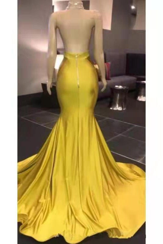 Charming Mermaid Yellow Halter V neck Prom Dresses with Beads, Long Evening Dress OM0143