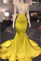 Charming Mermaid Yellow Halter V neck Prom Dresses with Beads, Long Evening Dress OM0143