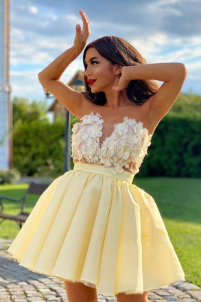 A Line Yellow Satin Strapless Short Prom Dresses with Flowers, Homecoming Dresses OMH0056