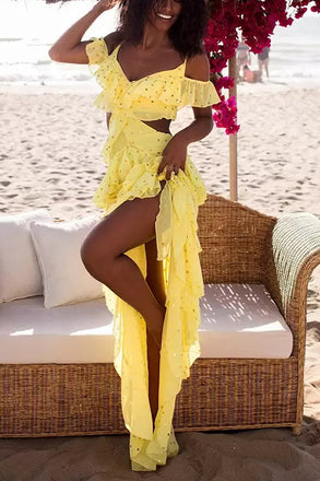 Summer A line Sequined Spaghetti Straps Ruffled Beach Prom Dresses, Holidday Dress OM0217