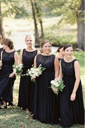 A-Line Round Neck Floor-Length Navy Blue Chiffon Bridesmaid Dress PDR93