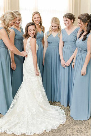 A-Line V-Neck Floor-Length Dusty Blue Chiffon Simple Bridesmaid Dress with Ruched PDS40