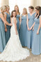 A-Line V-Neck Floor-Length Dusty Blue Chiffon Simple Bridesmaid Dress with Ruched PDS40