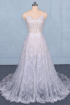 A Line Spaghetti Straps Long Elegant Wedding Dresses With Lace PDQ11