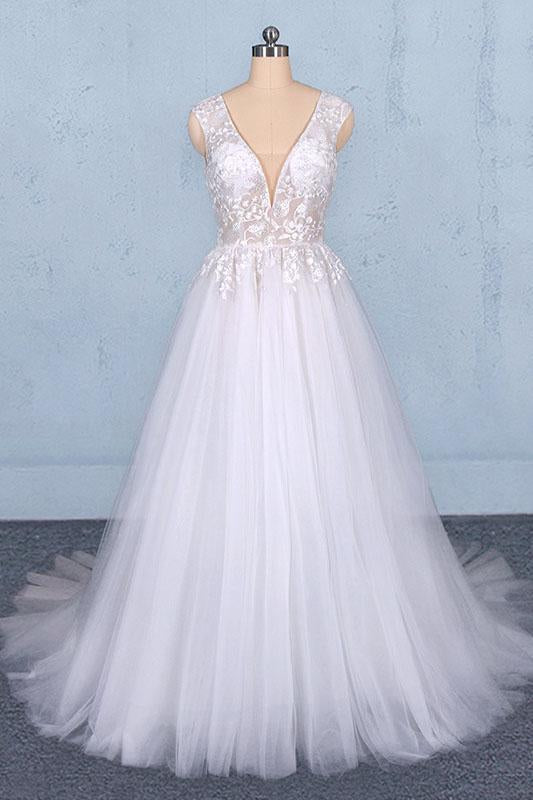 Stunning A Line V Neck Tulle Lace Appliques Wedding Dresses, Bridal Dress PDQ12