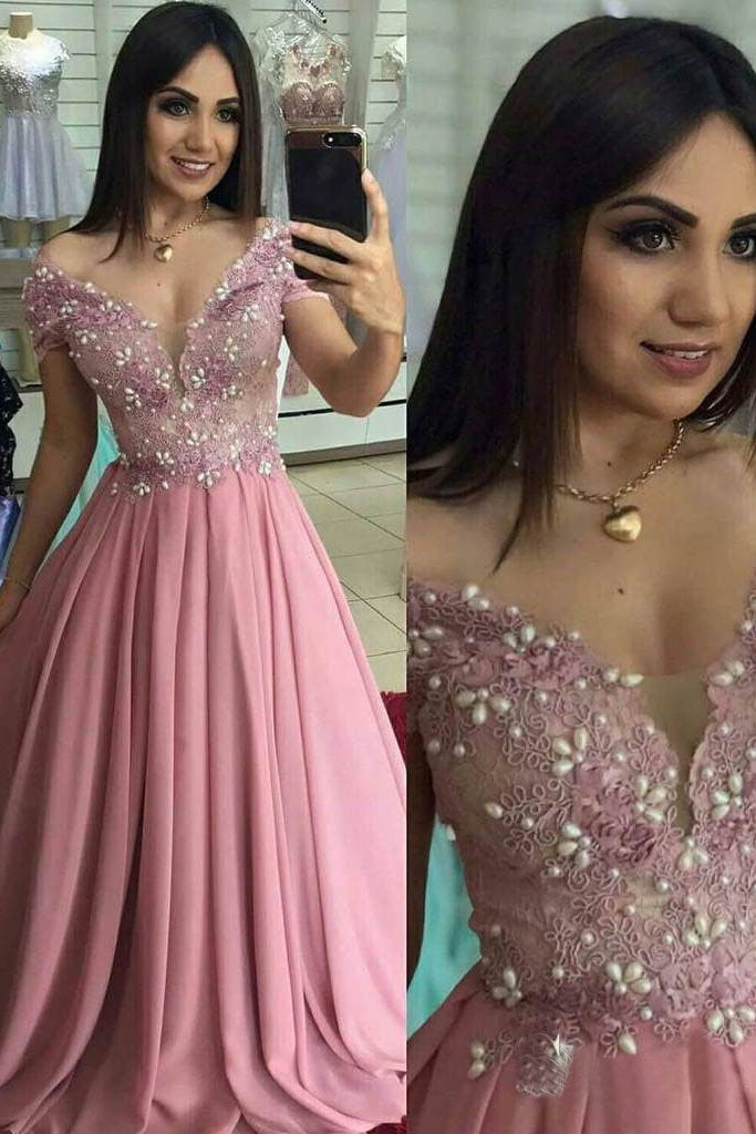 Off the Shoulder Dusty Rose Long Prom Dresses Pearl Lace Formal Dress PDO98