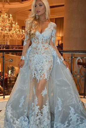 Detachable V-Neck Long Sleeve Prom Dress with Lace Appliques Light Blue Evening Gown PDH28