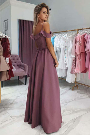 Charming A Line Off the Shoulder Spaghetti Straps Grape Long Prom Dresses PDE91