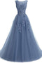 A Line Round Neck Lace Appliques Floor Length Prom Dresses PDR11