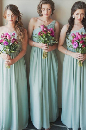 Modern A Line One Shoulder Chiffon Floor Length Bridesmaid Dress PDN3