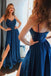 A Line Spaghetti Blue Prom Dresses, Long Split Cheap Evening Dress PDI87