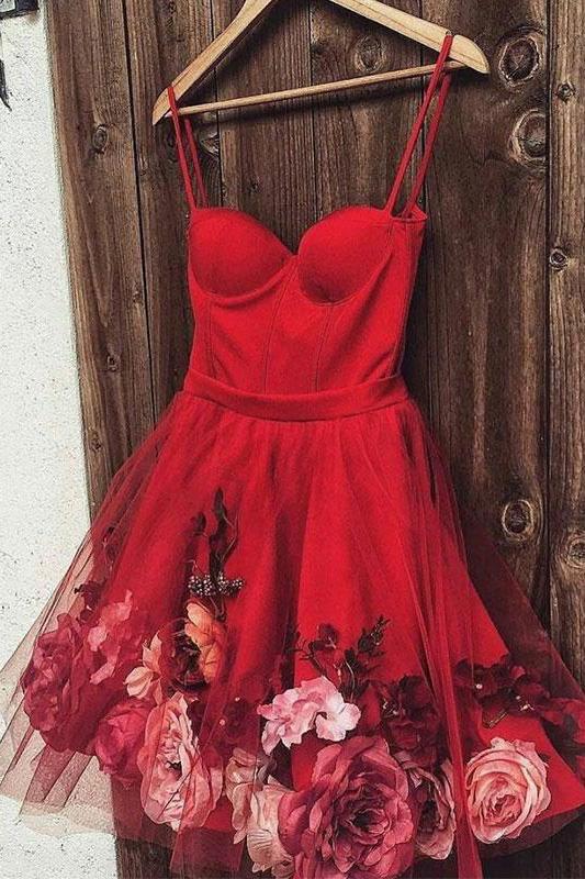 Burgundy Tulle Short Prom Dress, Spaghetti Straps Homecoming Dress With Flowers trendtydresses Burgundy Tulle Short Prom Dress, Spaghetti Straps Homecoming Dress With Flowers trendtydresses