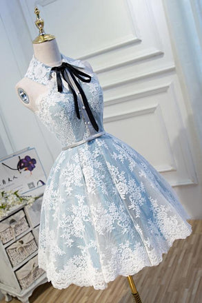 A Line Lace Appliques Halter Homecoming Dresses, Short Party Dress PDN56