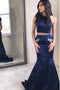 Two Piece Halter Backless Mermaid Navy Blue Prom Dress with Beading Pockets PDR9