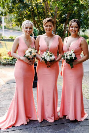 Mermaid V-Neck Sweep Train Pink Satin Simple Bridesmaid Dress PDR28