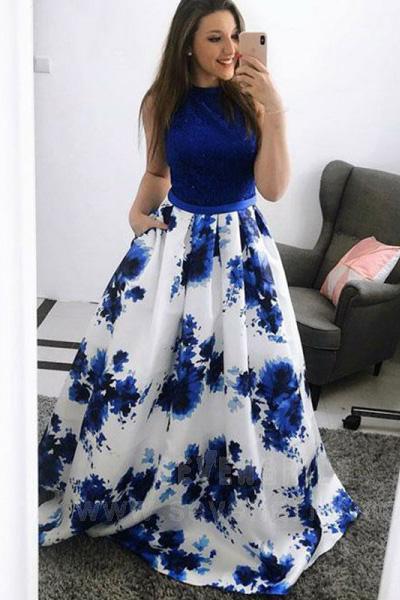 Fashion A-Line Jewel Blue Floral Long Prom Dress with Pockets PDJ30