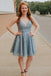 A-Line Spaghetti Straps Backless Blue Lace Homecoming Dress PPD13