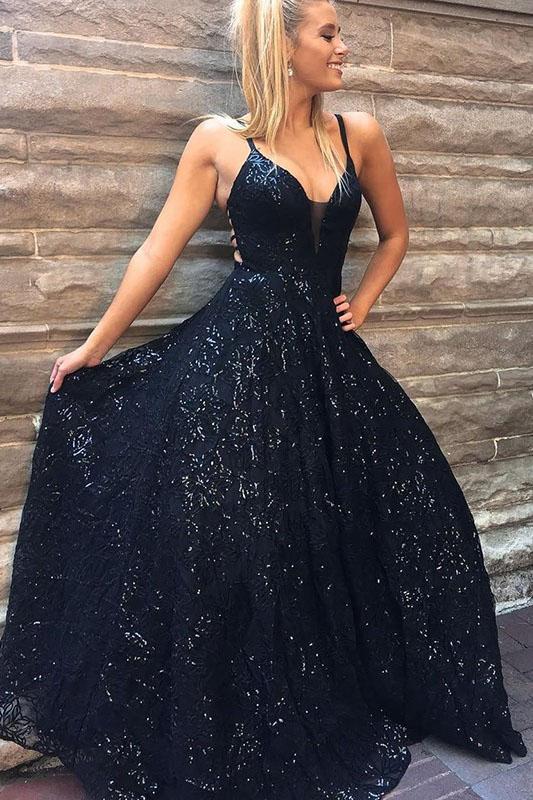 A Line Spaghetti Straps Floor Length Navy Sequined Prom Dress PDQ61