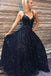 A Line Spaghetti Straps Floor Length Navy Sequined Prom Dress PDQ61
