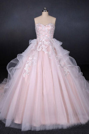 Romantic Pearl Pink Ball Gown Wedding Dress, Sweetheart Appliques Bridal Gown PDQ24