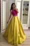 Stunning A Line Satin Yellow Beaded Sleeveless Long Prom Dresses PDI51