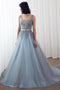 Sky Blue Formal Long Lace Appliqued Gray Tulle Prom Dresses Cheap Quinceanera Dresses PDP2