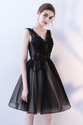 A Line V Neck Black Homecoming Dresses, Short Tulle Appliques Prom Dress PDN63