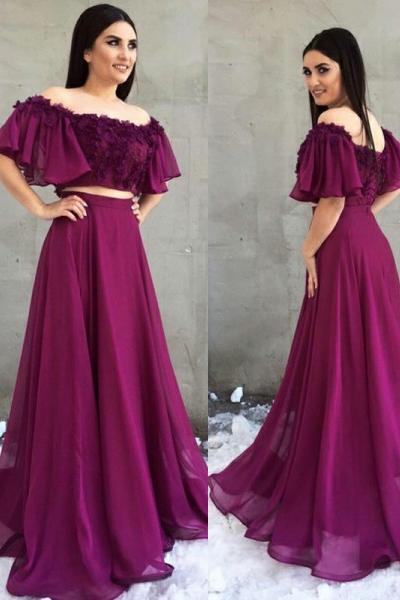 Two Piece A-Line Off the Shoulder Purple Chiffon Prom Dress with Appliques PDH5
