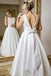 A-Line Jewel V Back Floor-Length Satin Wedding Dress with Beading Bowknot PDR80