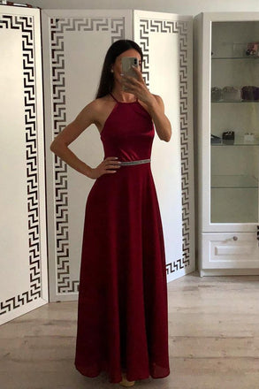 Fashion Burgundy A Line Halter Chiffon Simple Prom Dresses PDI50