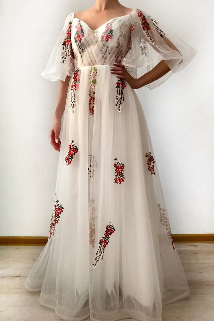 A Line Ivory Half Sleeves Floral Appliques Tulle Long Prom Dresses PDI49