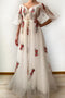 A Line Ivory Half Sleeves Floral Appliques Tulle Long Prom Dresses PDI49