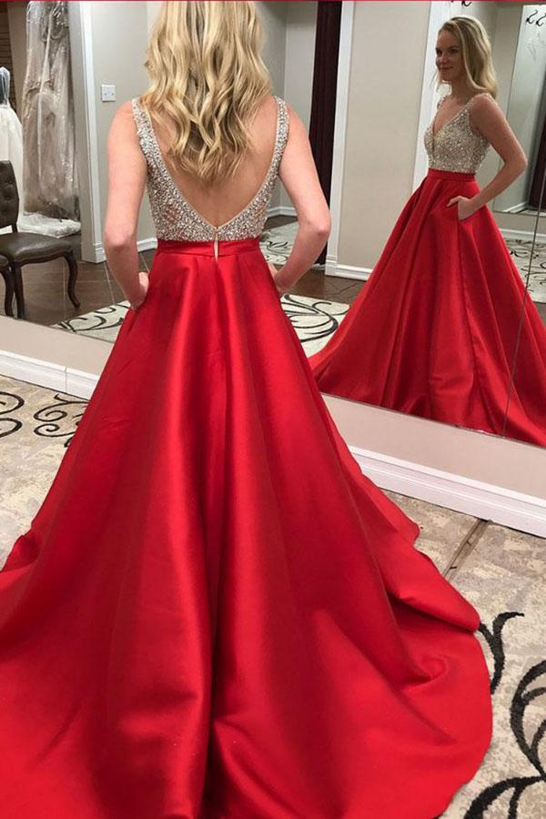 Red A Line Long Backless Beaded Prom Dress with Pockets PDK67
